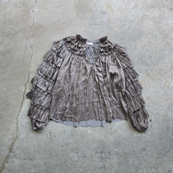 Ulla Johnson Elvie Plisse Blouse Taupe Accordion Ruffle Size 6 - Picture 1 of 4